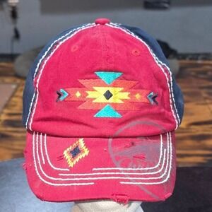 Catchfly Southwestern Embroidered Distressed Baseball Cap Red Navy Blue Hat